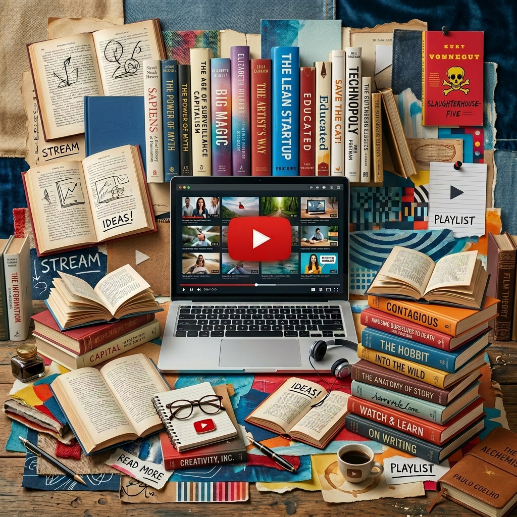 Laptop with streaming video interface surrounded by books on creativity and storytelling